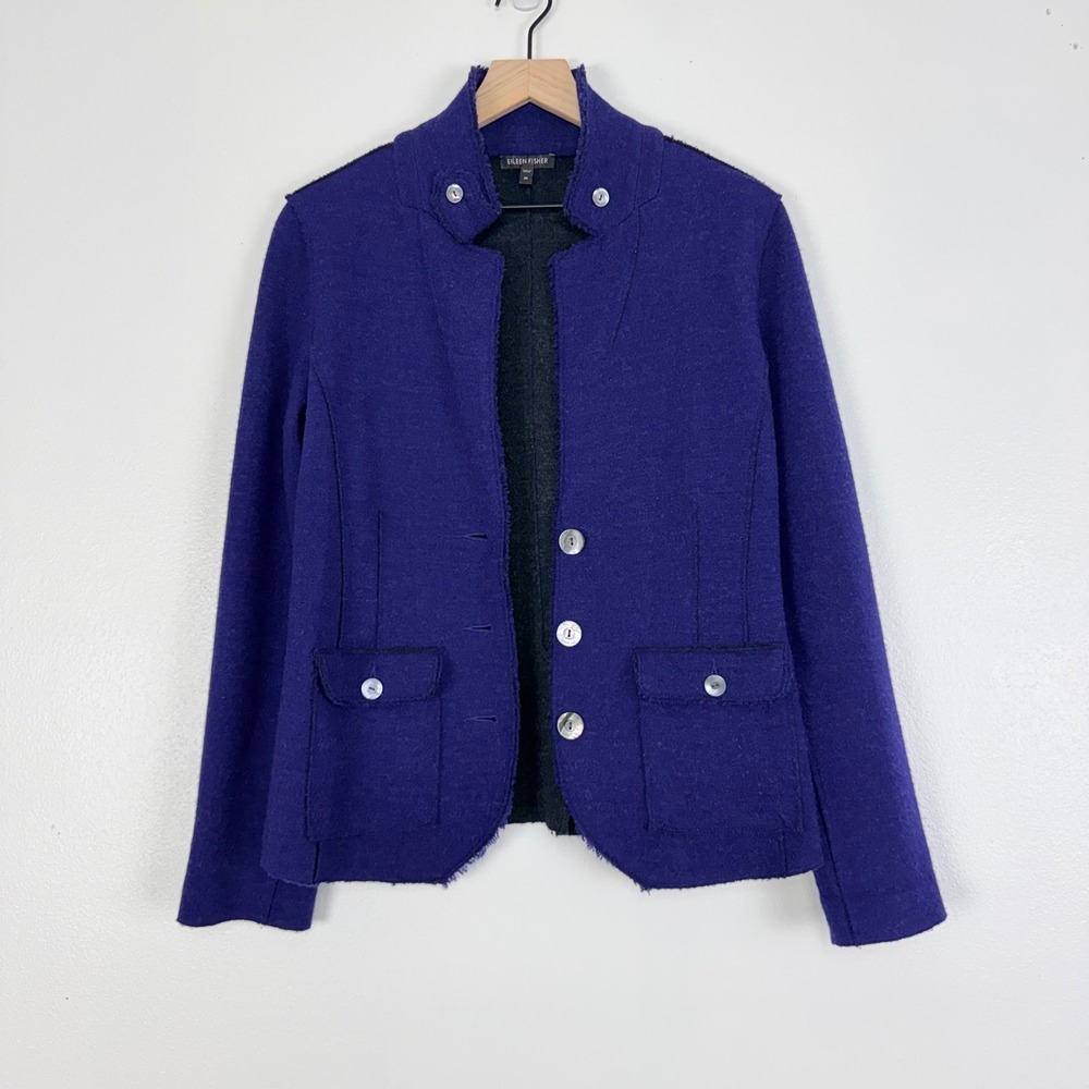 Eileen Fisher Felted Merino Wool Blazer Jacket Womens M Cobalt Blue Raw Edge